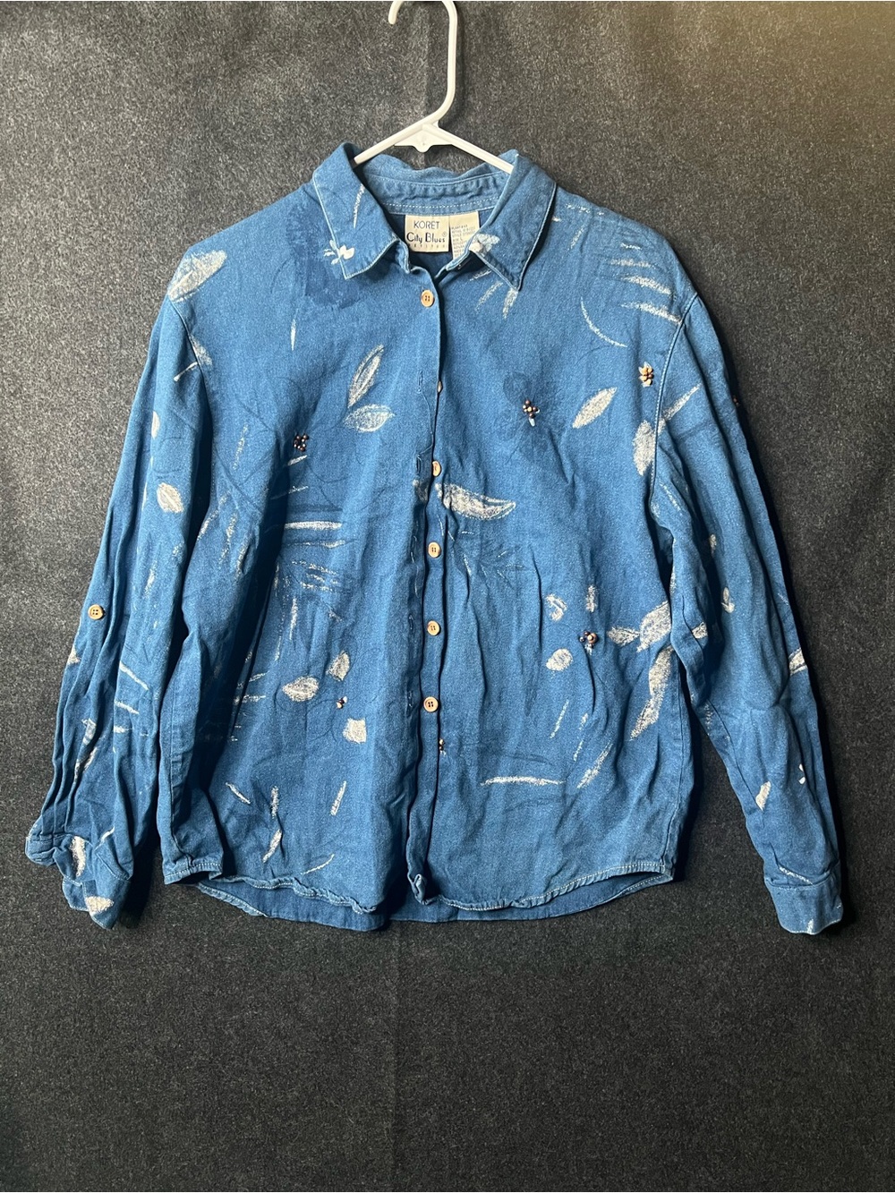 Koret City Blues‎ Men's Blue Denim Leaf Print Button-Up Long Sleeve Shirt Size L